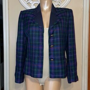 Le Suit women’s 10 medium blazer jacket vintage plaid buisness casual blue green